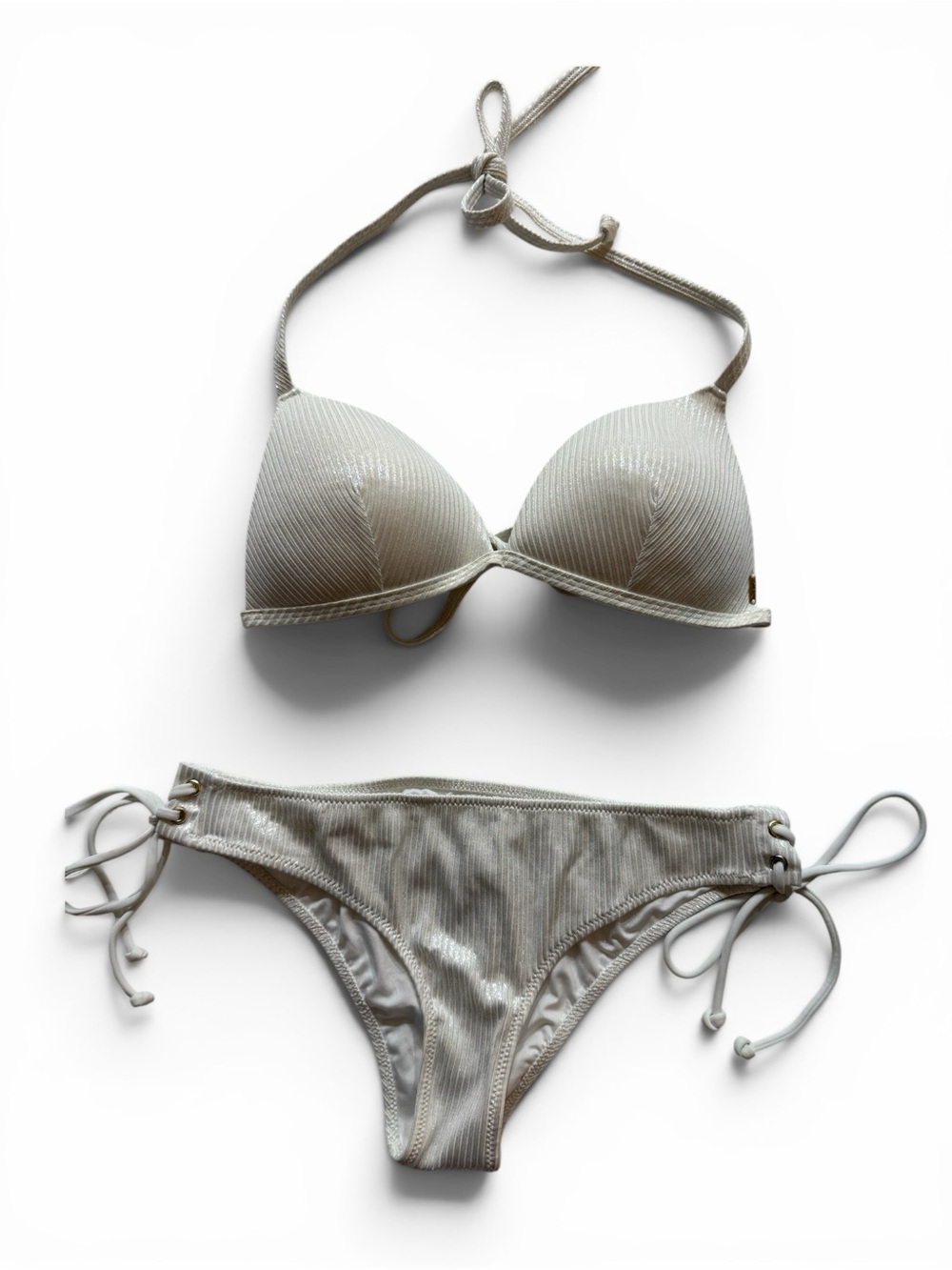 PINK Victoria's Secret Ribbed white-silver Bikini with Tie-Side Bottoms